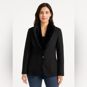 Talbots black lightweight jacket faux fur collar wool blend Sz 8